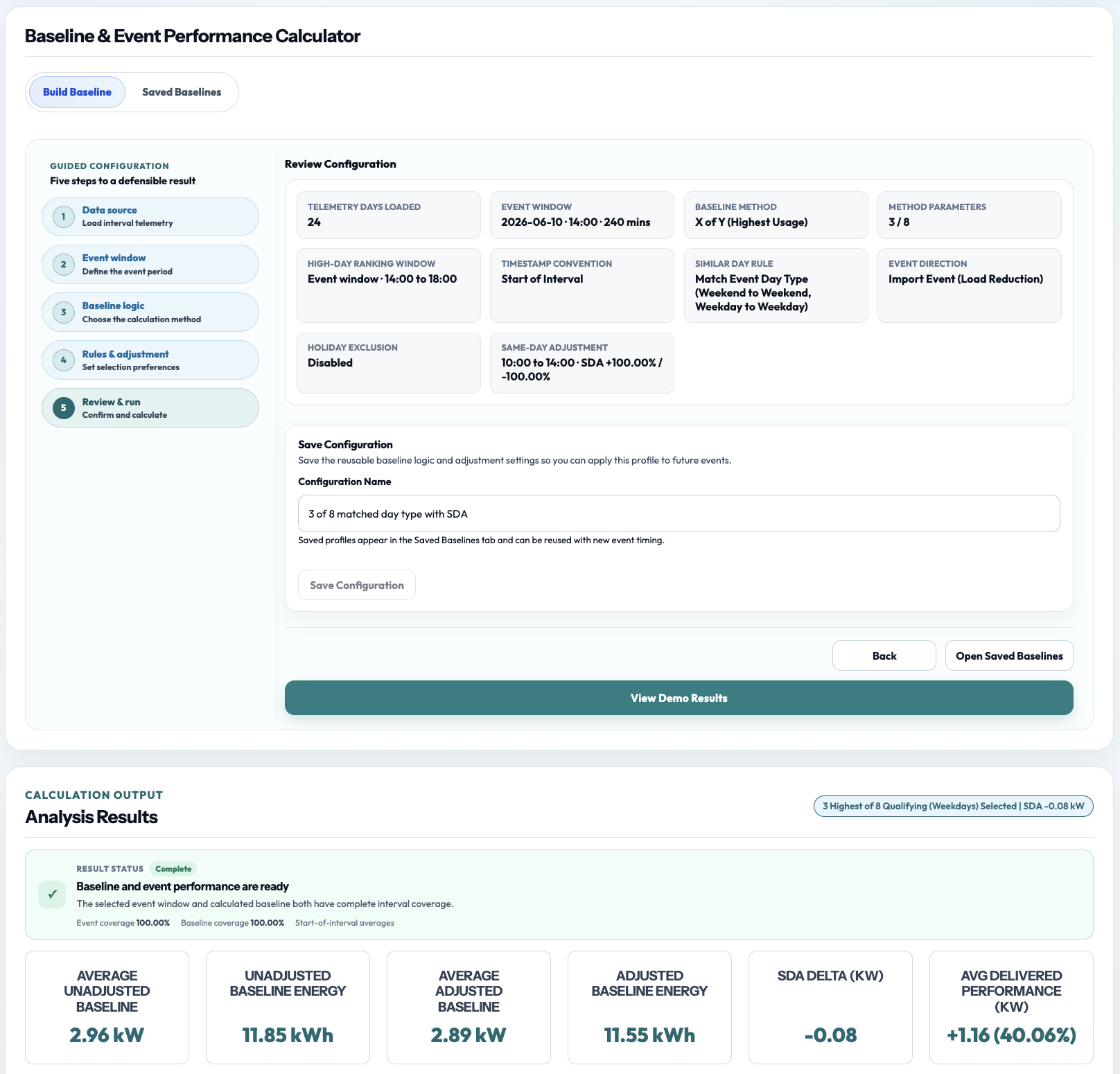 GridMango Baseline and Event Performance Calculator showing configuration review and analysis results